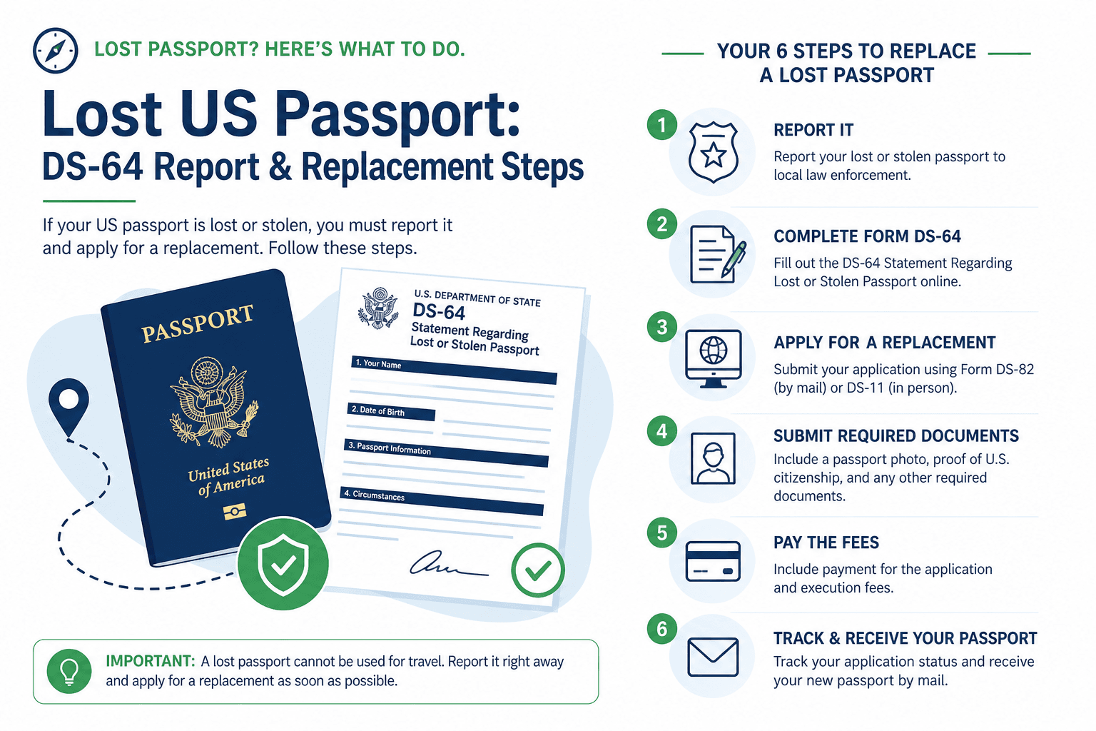 Form DS-64 and DS-11 on a desk for reporting a lost US passport