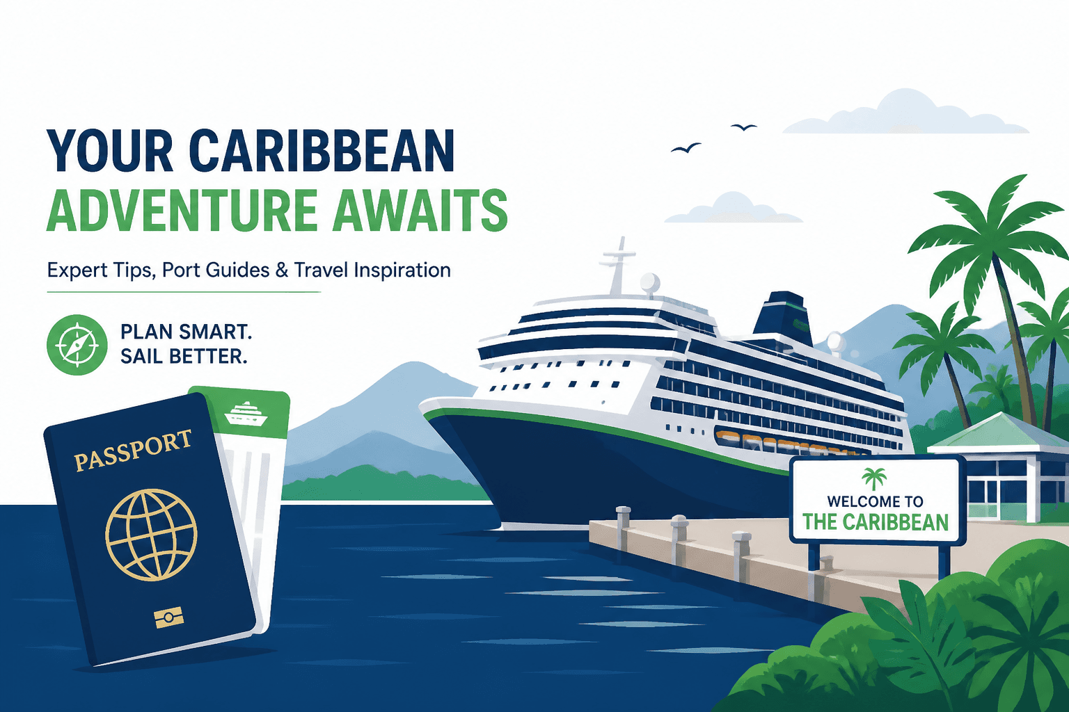 Cruise ship at a Caribbean port with passport and birth certificate icons overlaid