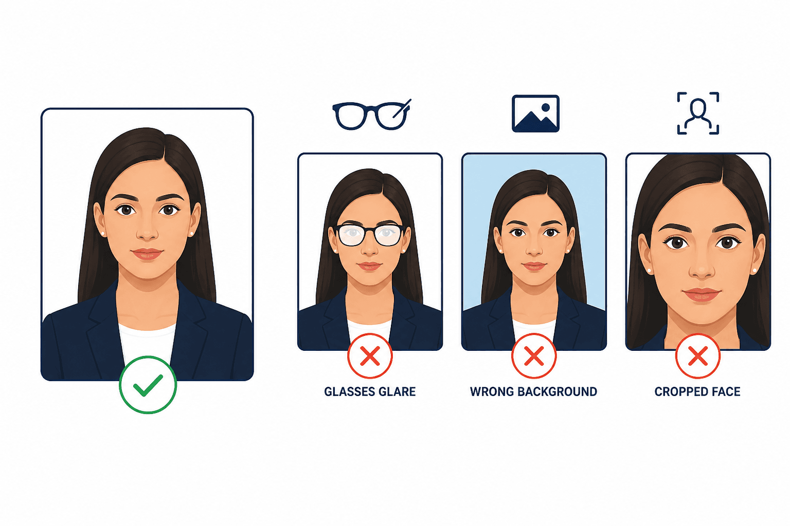 Examples of rejected U.S. passport photos showing glare, wrong background, and incorrect head size