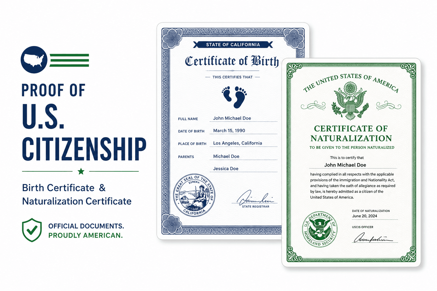 Examples of U.S. passport citizenship evidence including birth certificate and naturalization certificate